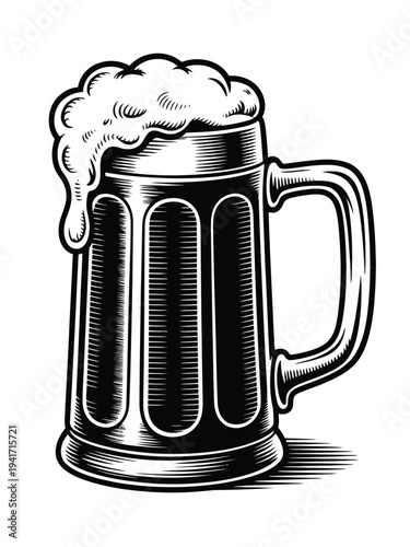 A black and white illustration of a brimming glass mug of beer