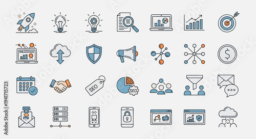 Business and Technology Icons: SEO, Analytics, Cloud, Strategy, Finance, Data