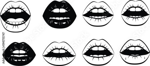Collection of Eight Black and White Mouth and Lip Illustrations lips open