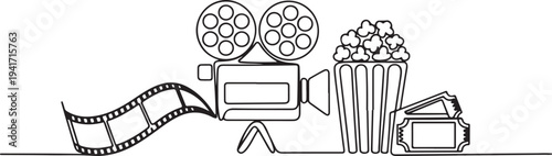 Set of continuous one line cinema elements. Vintage cinema elements isolated on a white background. one line art icon drawing vector