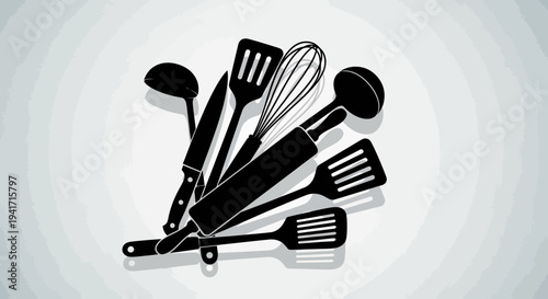 Black Kitchen Utensils Silhouette Collection on White Gradient Background