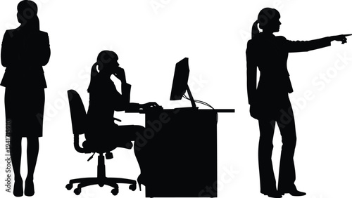 businesswoman silhouettes set office work poses, female professional standing sitting and pointing illustration isolated on white background