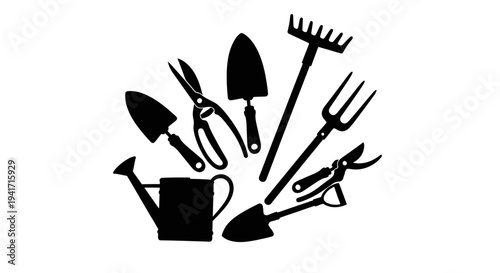 Gardening Tools Silhouette Collection: Watering Can, Shovel, Rake, Trowels, Pruners
