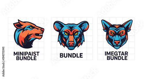 Set of 3 Tribal Animal Head Logos: Wolf, Bear, Fox - Vector Illustration