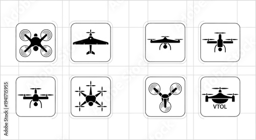 Drone Icons Set: Quadcopter, VTOL, Fixed-Wing Aircraft - Technology Vector Graphics