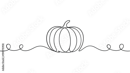 Minimalist line art illustration of a pumpkin with flowing tendrils