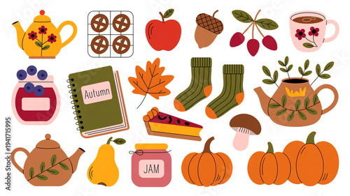 A Whimsical Collection of Autumn-Themed Illustrations Featuring Seasonal Delights and Cozy Comforts