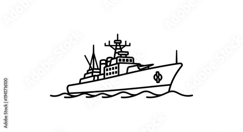 Outline illustration of a modern warship sailing on the sea, simple line art