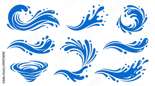 Blue water wave illustrations showcasing various styles and movements in a creative design