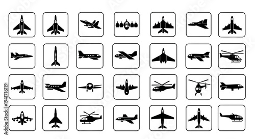 Set of Aircraft Icons: Jets, Helicopters, Planes, and Airplanes - Vector Graphics