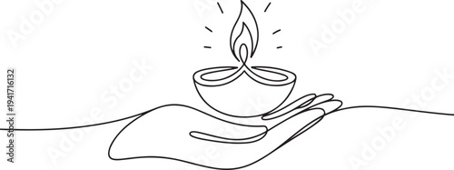 design vector line art illustration of hand holding candle for celebration of diwali festival of lights. one line art icon drawing vector