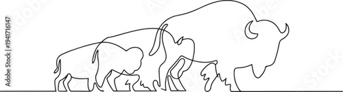 Buffalo Herd in the Wild – Minimalist Line Art Illustration. one line art icon drawing vector