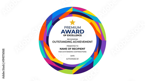 Colorful circular award certificate recognizing outstanding achievement presented to a recipient