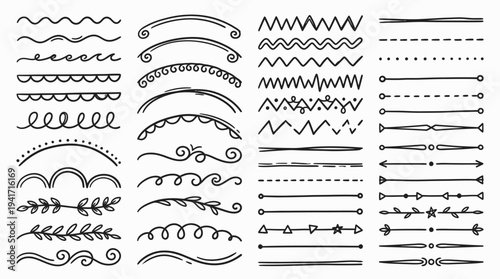 Hand-drawn decorative elements featuring various line styles and patterns for design use
