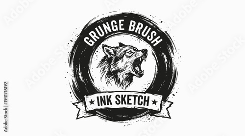 Grunge brush ink sketch of a fierce wolf head within a circular emblem design