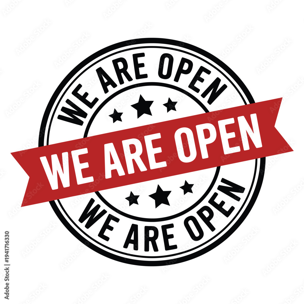 Fototapeta premium Circular sticker with a red ribbon stating we are open in bold text