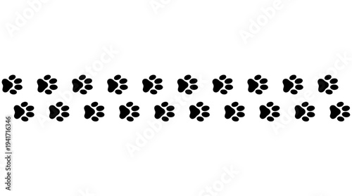 Repeated pattern of animal paw prints arranged in a straight line on a white background