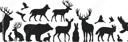 Large collection of black forest animal silhouettes including deer bear wolf rabbit and birds isolated on white background for wildlife nature design.