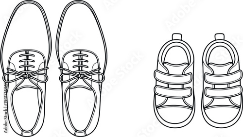 Minimalist line art vector of large men's shoes next to small kid's sneakers with Father's Day typography