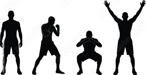 Athletic men workout poses silhouette set fitness training exercises boxing squat standing victory pose vector illustration isolated background