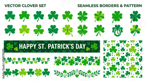 Comprehensive Vector Clover Set for St. Patrick's Day, featuring shamrocks, four-leaf clovers, festive banner, seamless borders, and repeating pattern on isolated white background.