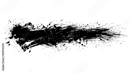 Abstract black ink splatter design with dynamic lines and textures on a white background