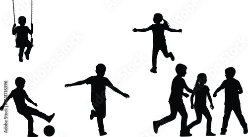 children playing silhouettes set kids outdoor activities running jumping soccer and swing illustration isolated on white background