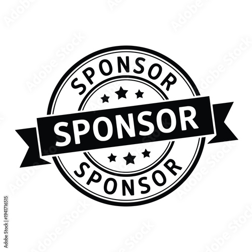 Black and white circular sponsor badge with ribbon detail