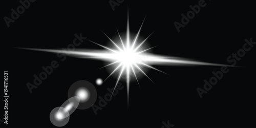 A bright star with a lens flare and a distant galaxy in the background of space