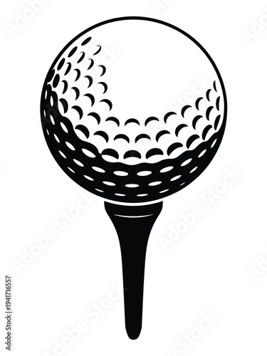 A detailed black and white illustration of a golf ball on a tee