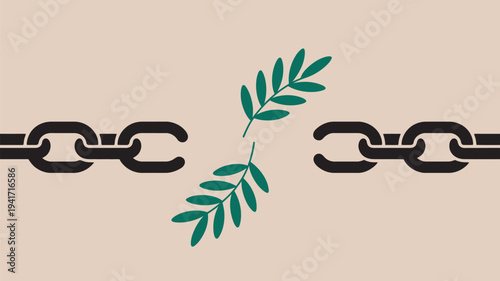 A broken chain with green leaves symbolizing freedom and growth on a beige background