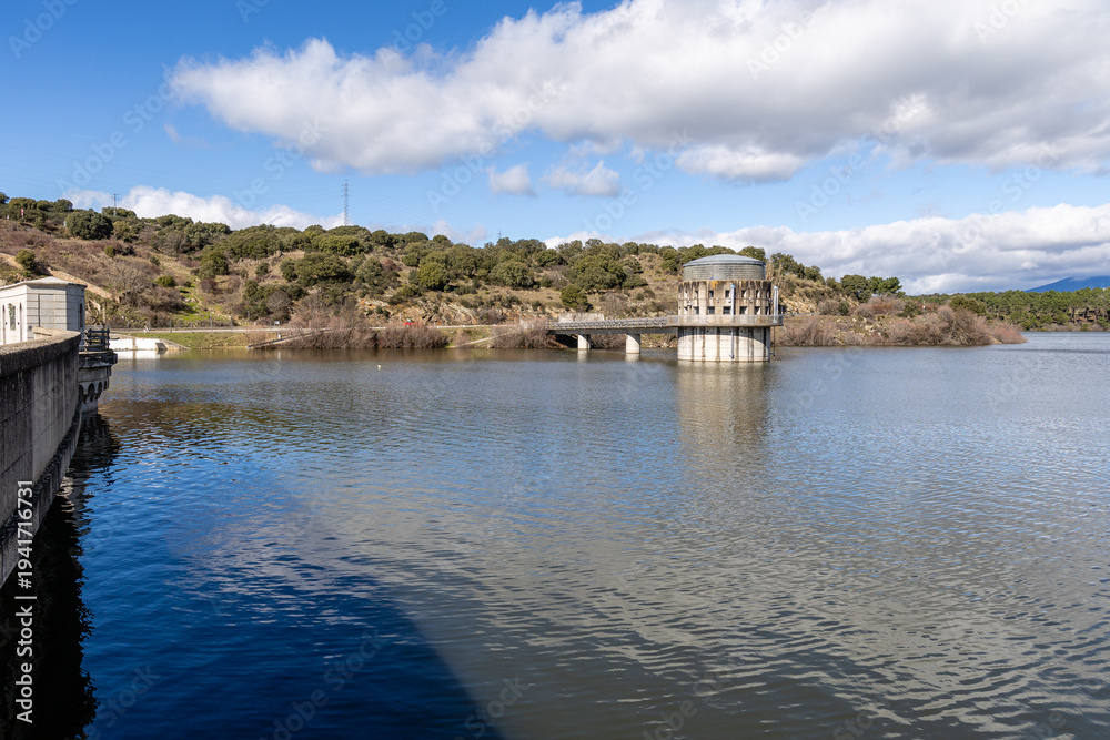Obraz premium Water release, due to heavy rains, at the El Villar Dam in the province of Madrid, Spain