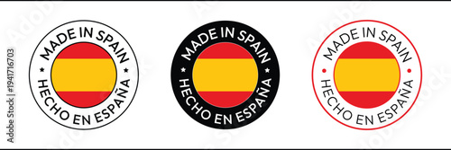 Set of Circular Stamps with "Made in Spain" Text and Spanish Flag Design in Different Color Variations For Product Labels, Branding, and Marketing