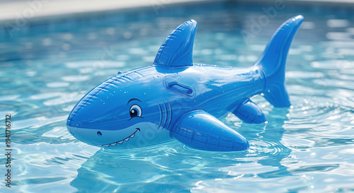 Blue inflatable shark pool float on clear water, cute cartoon swimming toy for summer vacation, fun pool party inflatable for kids beach holiday.