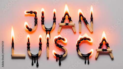 Creative Typography 'JUAN LUISCA' Written in Burning Matchsticks with Dripping Wax
