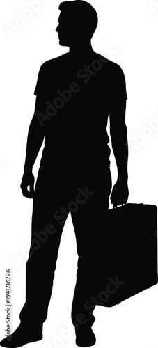 Businessman silhouette standing with briefcase looking aside professional male character isolated black vector illustration corporate worker concept