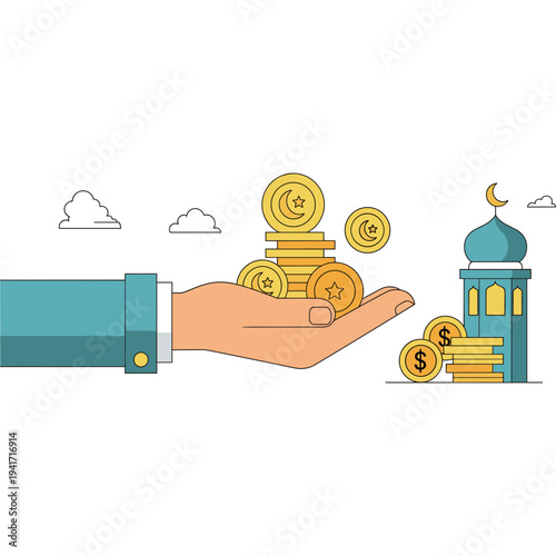 Giving with Grace: A hand extends, offering a generous stack of gold coins, symbolizing charity and goodwill, with a mosque in the background.
