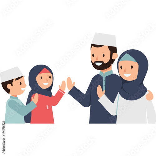 Family Harmony in Islamic Tradition: A warm portrayal of a Muslim family, their clothing reflects their devotion and cultural identity, fostering values such as unity and respect.