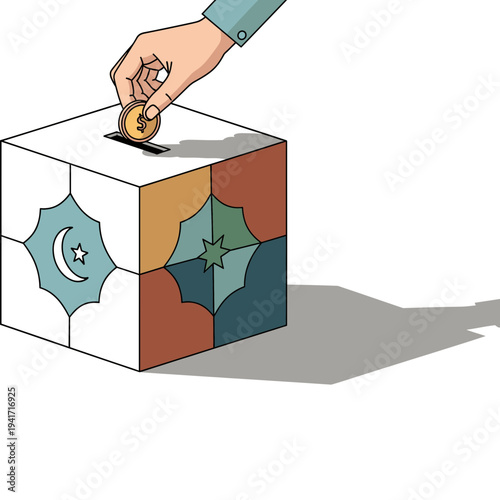 Giving Hand: A hand drops a coin into a vibrant, geometric donation box adorned with cultural symbols. Evoking themes of generosity and giving