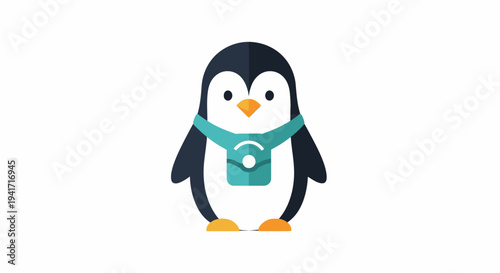 Cartoon penguin with scarf and bag isolated on white background