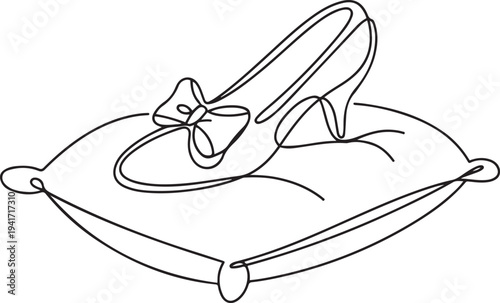 Cinderella fairy tale concept: slipper with a bow on a pillow. one line art icon drawing vector