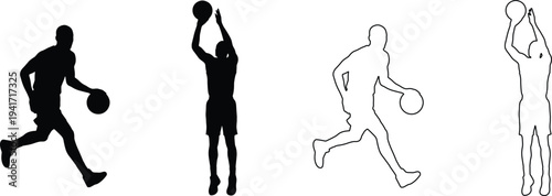 Basketball player silhouettes dribbling running and shooting ball sport athlete action poses vector illustration set