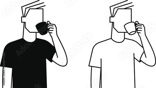 Abstract human figure with paper bag head drinking coffee conceptual anonymity identity and daily routine silhouette outline vector illustration