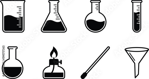Black laboratory glassware icons set including beaker flask round flask test tube burner dropper and funnel scientific equipment silhouette collection isolated