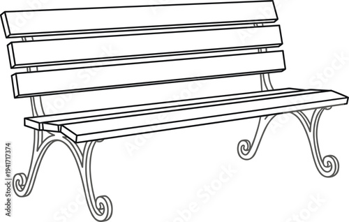 Classic wooden park bench with decorative metal legs, outdoor garden seating furniture line art vector illustration isolated design