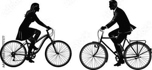 Silhouettes of a Woman and Man Riding Bicycles couple