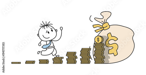 Stick Figure Businessman Walking Up Coin Stacks Toward Money Bag - Financial Growth and Savings Concept