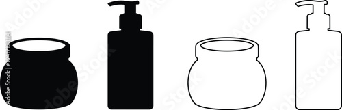 Cosmetic container and pump bottle icon set with cream jar lotion dispenser packaging silhouettes isolated on white background