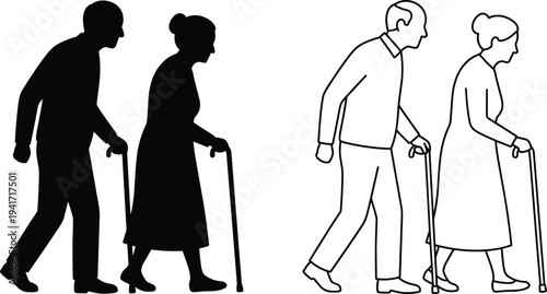Elderly couple walking with cane icon set senior man and woman silhouettes old age support isolated