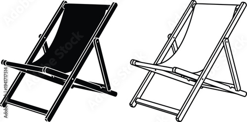 Foldable beach chair icons set outdoor deck chair furniture silhouette and outline vector illustration